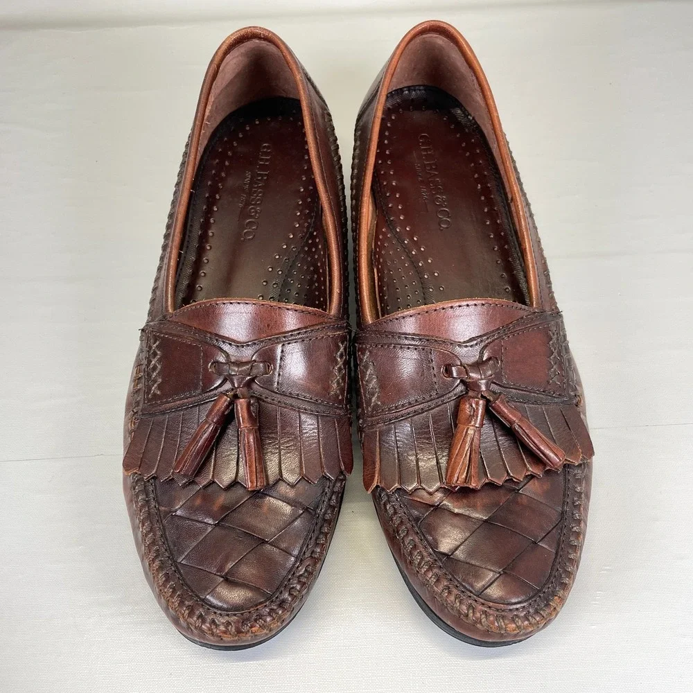 Bass Kiltie Tassel Loafers Mens Size 10M Brown Leather Woven Moc Toe Dress Shoes_4
